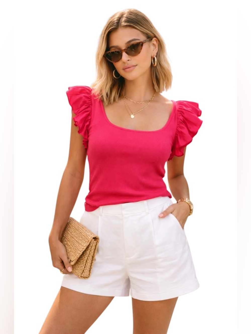 HYFVE Hot Pink Ribbed Flutter Sleeve Top Size‎ M Dopamine Dressing